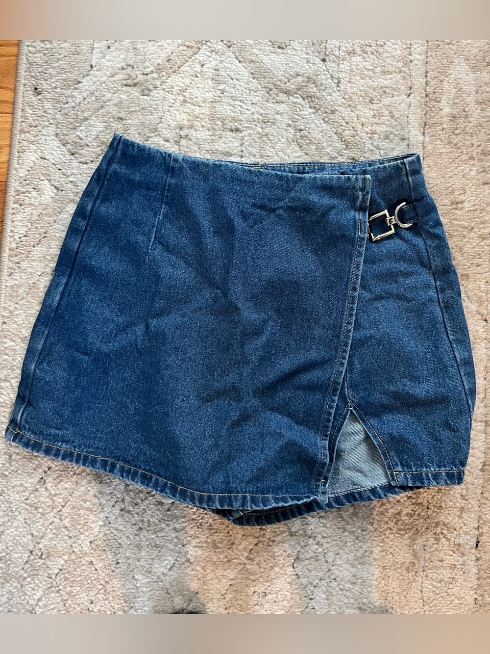 Cider Dark Blue Denim Wrap Skort with Buckle Accent